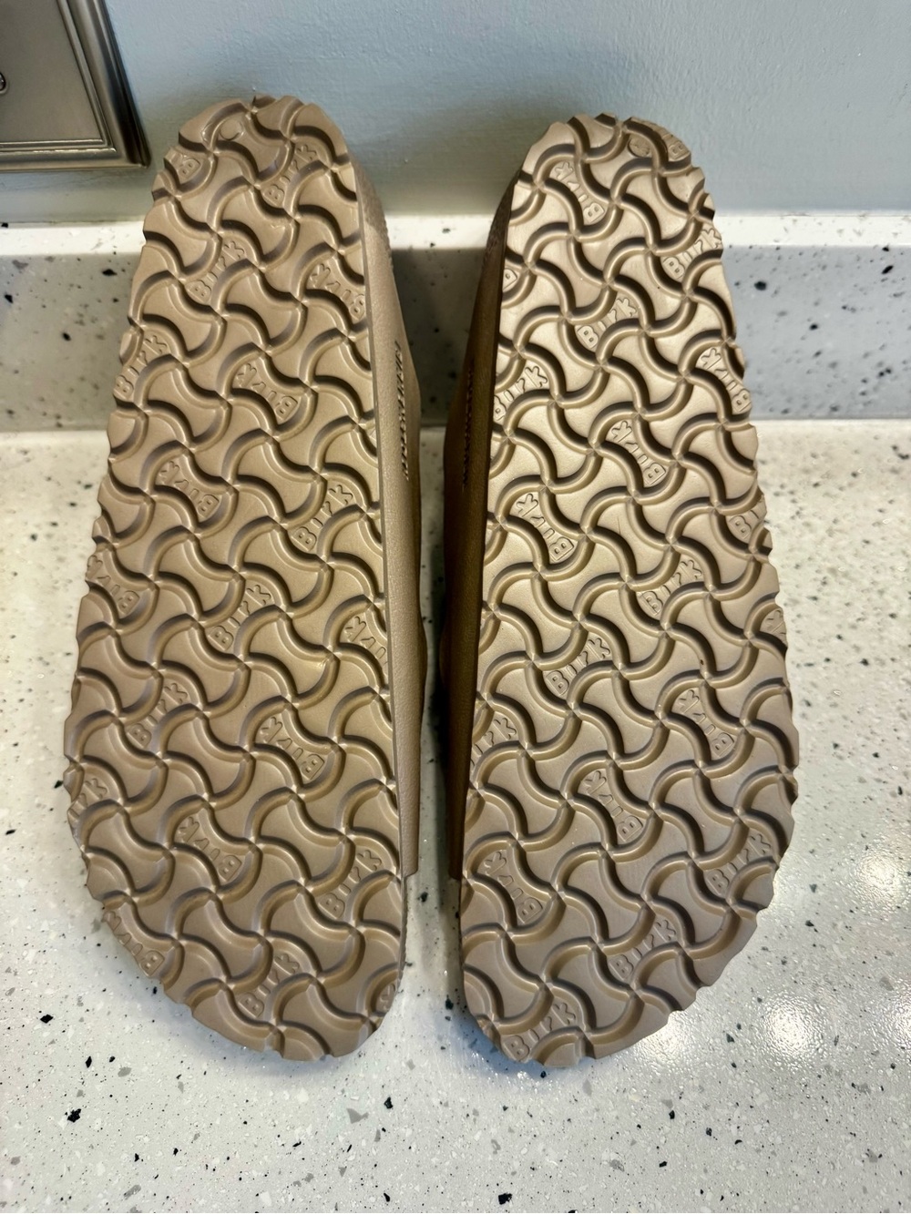 Birkenstock EVA 2-Strap Slide Sandals in Taupe Brown with Big Buckles - Picture 7 of 9
